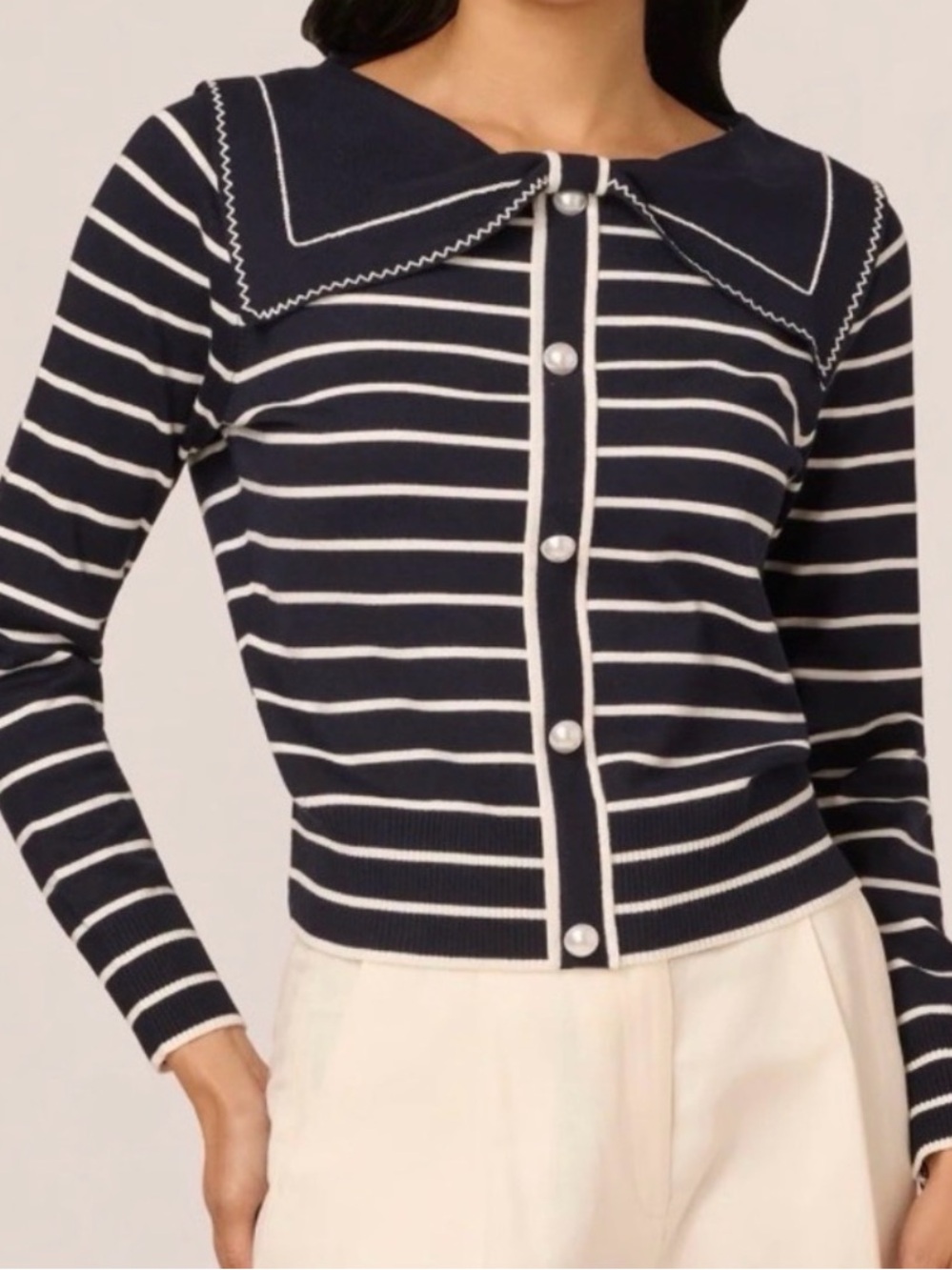 Adrianna Papell Navy and White Striped Sailor Collar Cardigan